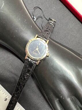 Genuine Diamond Quartz Watch With Black Faux Leather Band & Gold-Tone Case 7.5"